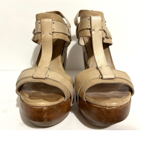 ALL SAINT Rosalina Platform Sandals Nude Leather T-Strap Buckle Abstract Heel 37 - Picture 4 of 14